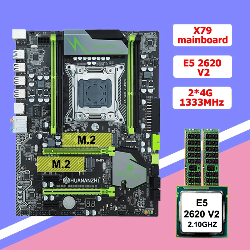 Huananzhi X79 Motherboard Gaming Computer Set Dual M.2 Ssd Slots Xeon Cpu E5 2620 V2 8g Ram 2*4g