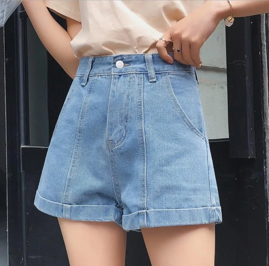 light blue Летние женские джинсовые шорты с высокой талией, корейские винтажные джинсовые шорты с манжетами, женские свободные повседневные шорты r2375 - Цвет: light blue