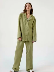 100% Cotton Sleepwear Women Pajama Turn Down Collar Sets Womens Outfits Solid Color Trouser Suits Full Sleeves Autumn Loungewear