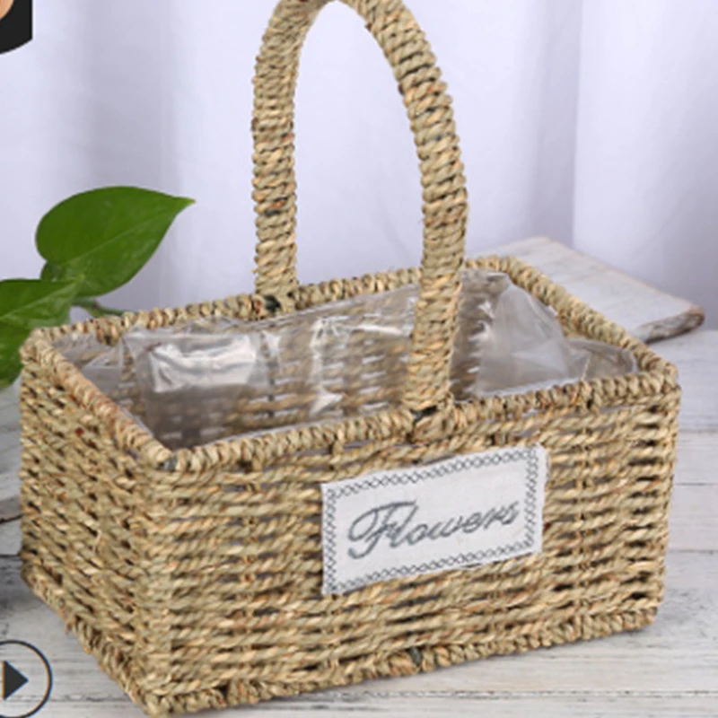 Portable straw flower fruit basket garden wicker basket creative rattan flower pot living room home decoration