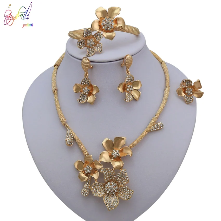 Yulaili Африканский костюм Ювелирные наборы Свадебные украшения для женщин Кристалл Дубай золото ожерелье серьги гвоздики Наборы