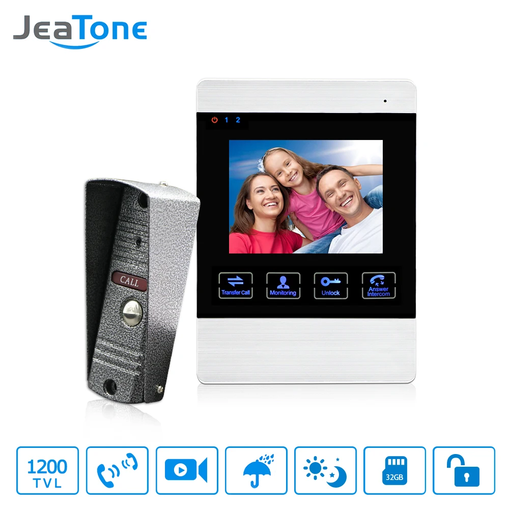 

JeaTone 4 Inch HD Led Video Door Intercom System Door Bell 1200TVL Camera Automatic Video Storage Release Unlock Metal Doorbell