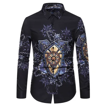 

Printed Men Shirt Casual Nightclub Party Slim Fit Long Sleeve Mens Dress Shirts Tops Autumn Turndown Collar Camisas Masculina