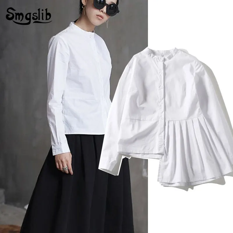 

2019 High Quality Spring Hem Folds Spliced Irregular Slim Casual Long Sleeve O-neck Shirt Fashion New Women Blouse