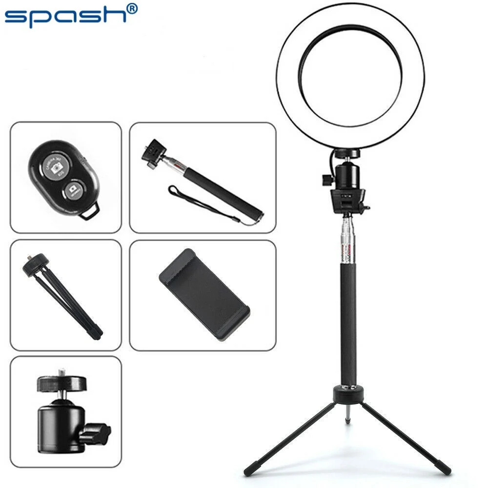 SPASH 6 Inch LED Ring Light with Stretchable Tripod Stand Light Ring Dimmable Phone Selfie Lamp for Living Makeup Photography 7