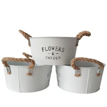 

D20XH9.5CM Large succulent pots Round iron planter Antique white Cantainer with rope handle