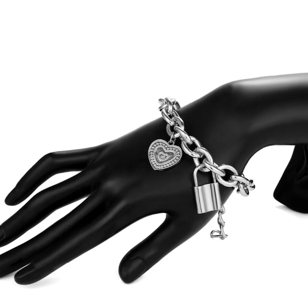 2020 Punk Hip-hop Lover's Lock Pendant Bracelets Bangles Fashion Alloy Carved Lover Heart Thick Chain Bracelet Couple Jewelry |