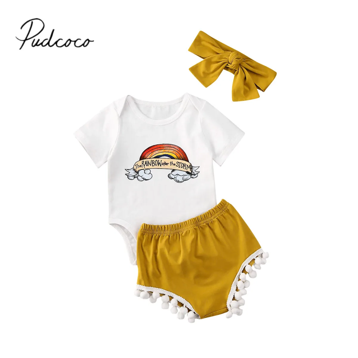 

2020 Baby Summer Clothing Infant Newborn Baby Girls Clothes Set Short Sleeve Bodysuits Shorts Headband 3Pcs Rainbow Outfits