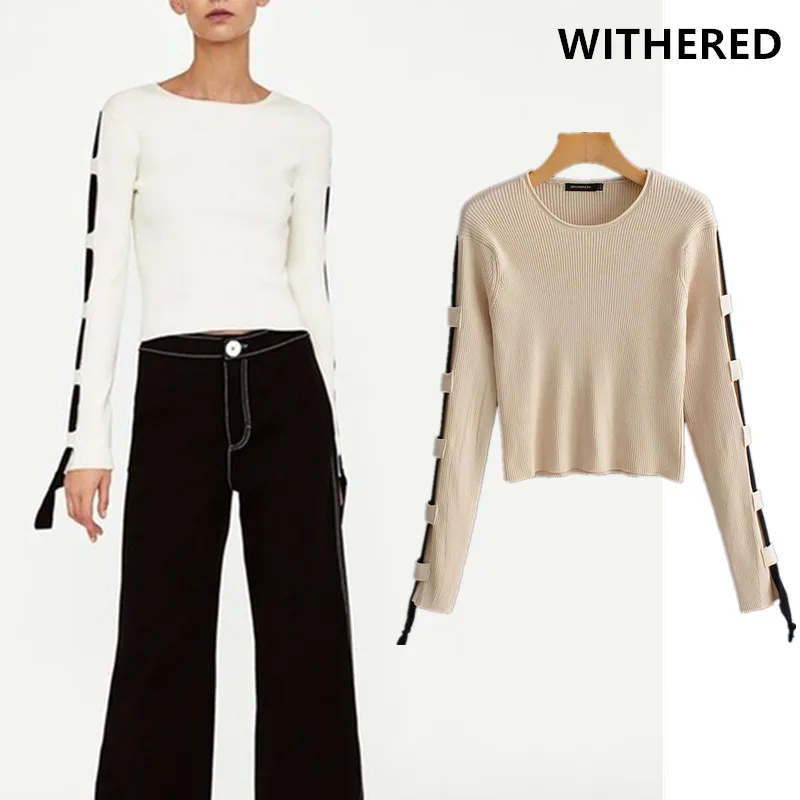 

Withered 2019 sweaters women england style side of striped rib knitted skinny o-neck basic sweaters women tops pullovers women