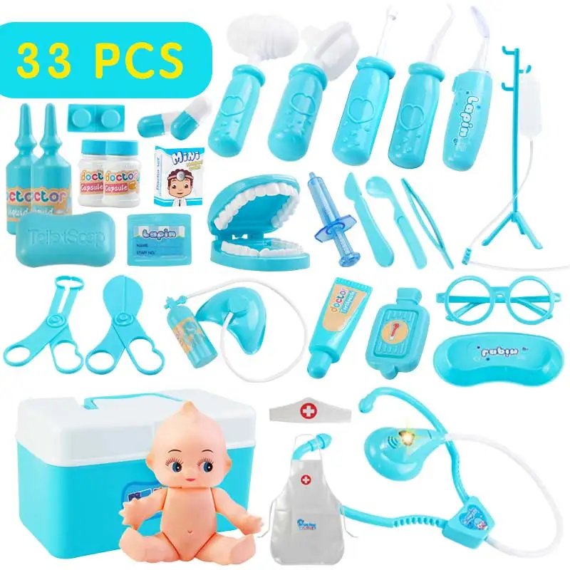 33 Pcs Blue 22-44 шт./компл. и девочек ролевые игры Доктор классический медицины моделирования ролевые игры медицинские Костюмы игрушка для Детский подарок - Цвет: 33 Pcs Blue