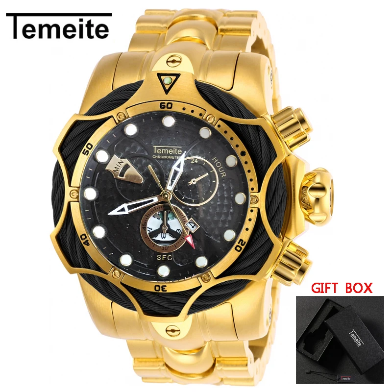 gold black Мужские часы от ведущего бренда, роскошные золотые часы, мужские кварцевые часы с большим циферблатом, деловые водонепроницаемые наручные часы - Цвет: gold black