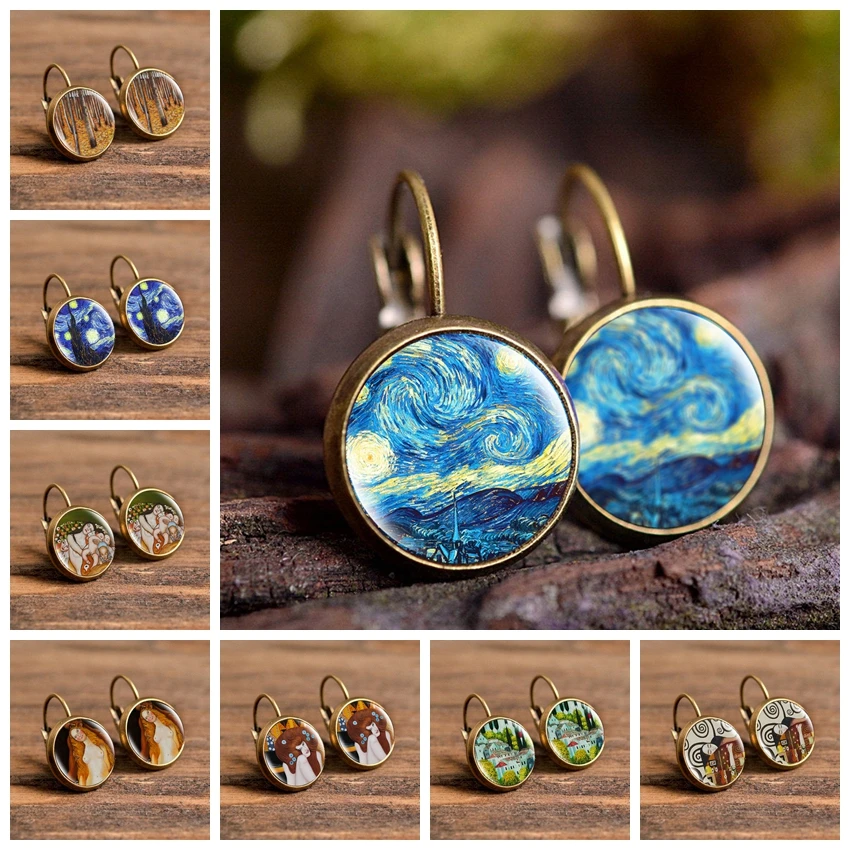 Модные бронзовые простые Стильные серьги Ван Гог знаменитый артист Звездная ночь серьги-гвоздики Бижутерия со стеклянными кабошонами женские подарки