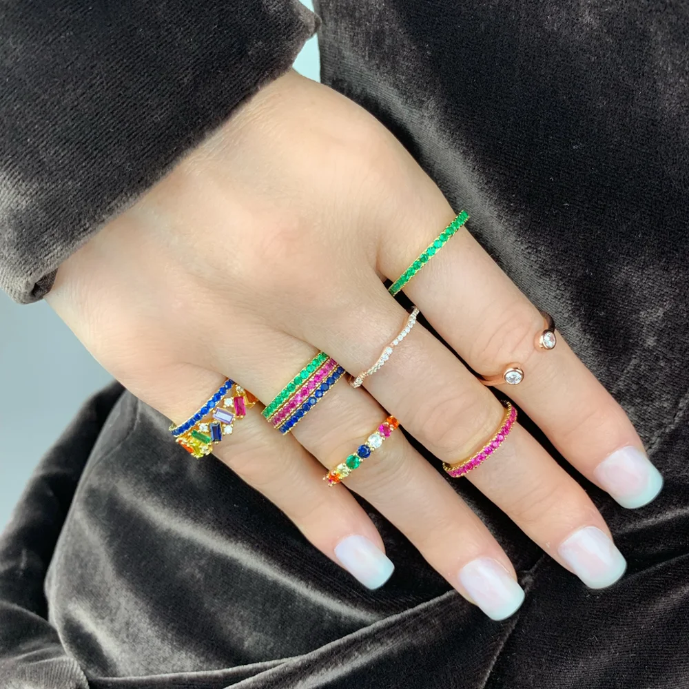 colorful cz eternity ring Gold filled 925 sterling silver Stacking Rainbow Skinny Band European delicate fashion jewelry|Кольца| |