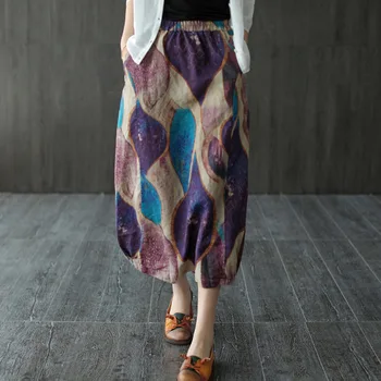 

Summer Skirt Women Elastic Waist Print Loose All-match Skirt 2020 Ladies New Ramie pocket All-match Skirt Mori girl