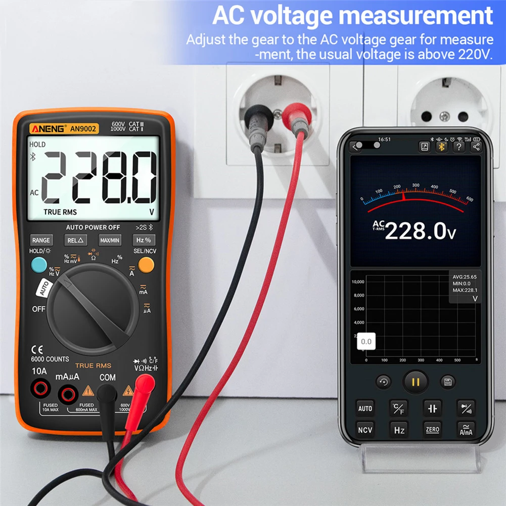 Bluetooth-compatible Digital Multimeter Wireless RMS Manual/Auto Strong Toughness Electric Portable Range Voltmeter Ammeter