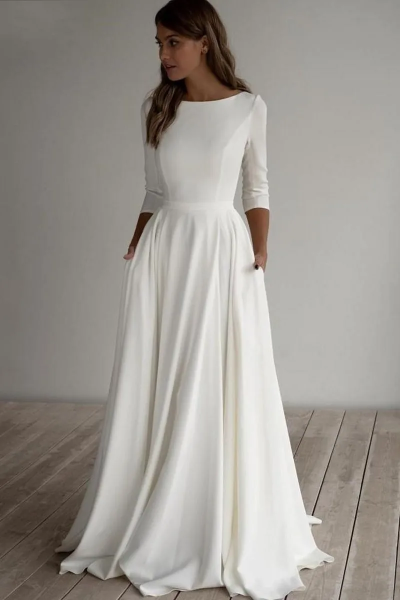 Wedding Dresses Simple Long Sleeves A Line Customer Bridal Dresses With Pockets Plus Size