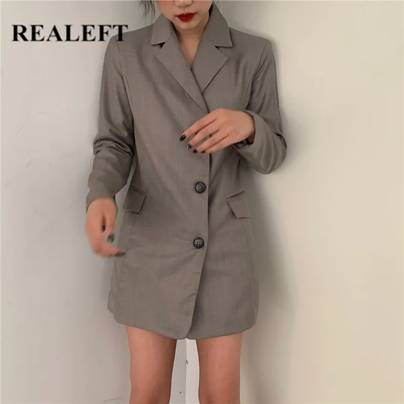 

REALEFT Autumn Winter Solid Causal Single Breasted Women Jacket Blazer Long Sleeve Notched Collar Female Suits Coats Fashion