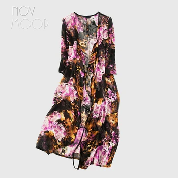 

Novmoop Romantic peony printed style women summer autumn purple natural silk dress with sashes robe été femme 2020 LT3107