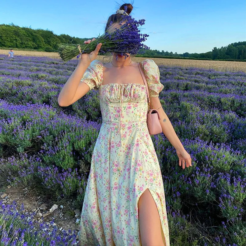 

Women Floral Print Split Flowy Party Maxi Dress White Beach Flowy Party Midi Yellow Dresses