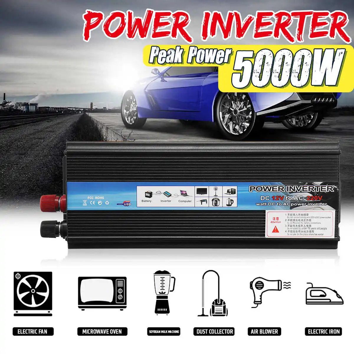 

Power Car Inverter 12V 220V 5000W Solar Power Inverter Voltage Transformer Converter 12V To 220V Solar Inversor Black Style