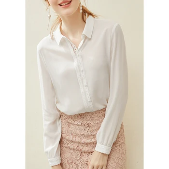 

100% SILK blue women blouse double pocket long sleeve ladies office top 2020 summer womens tops and blouses