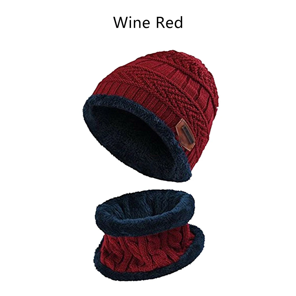 Wine Red Модная Повседневная теплая зимняя шапка, вязаная шапка, шарф, шапка, зимние шапки для мужчин, вязаная шапка, мужская шапка, вязаная шапка, мягкая ткань, теплая - Цвет: Wine Red