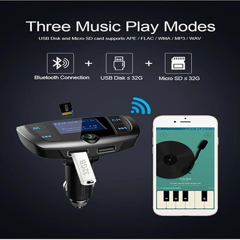 T38 автомобиль радио Bluetooth адаптер, которые можно использовать в режиме Hands Free, используя встроенный микрофон Bluetooth FM передатчик Dual USB Зарядное устройство черного цвета