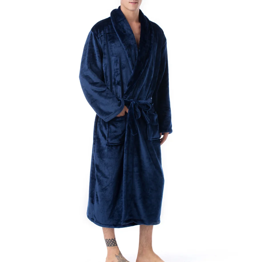 navy blue Повседневный мужской халат мужские халаты длинный рукав отложной воротник мужской фланелевый Халат с поясом плюшевое кимоно теплый мужской Халат пальто - Цвет: navy blue