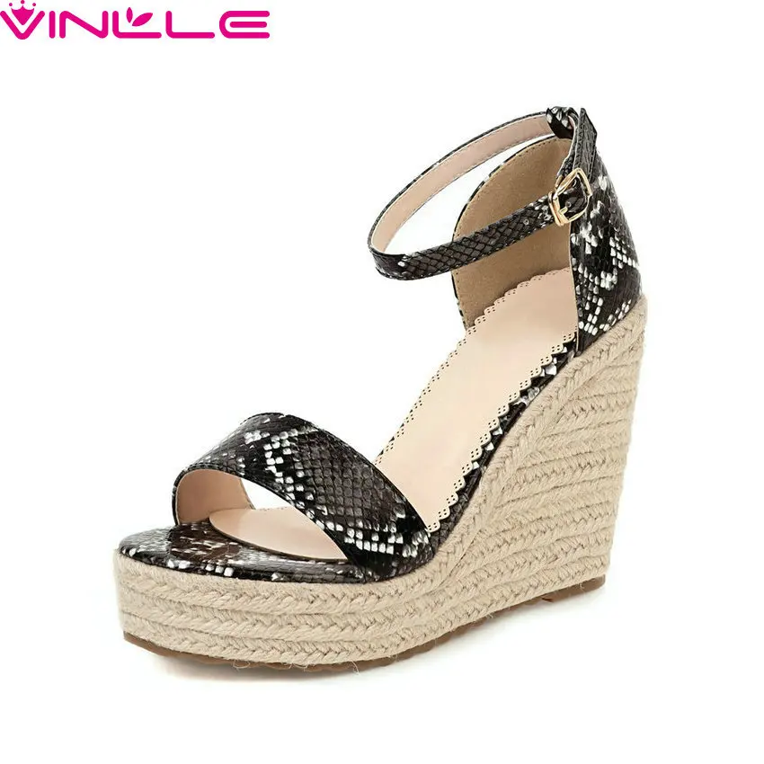 

VINLLE 2020 Fashion Snakeskin PU Leather Women Pumps Buckle Summer Platform Ladies Shoes Wedge High Heel Sandals Big Size 34-43