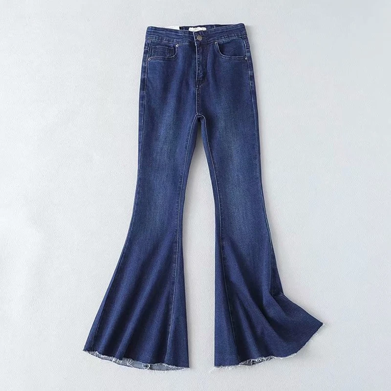 Denim High Waist Flared Jeans Women With Back Lace Up Dark Blue Big Bell Bottom Skinny Pants Vintage Ladis Trousers Fashion 0237