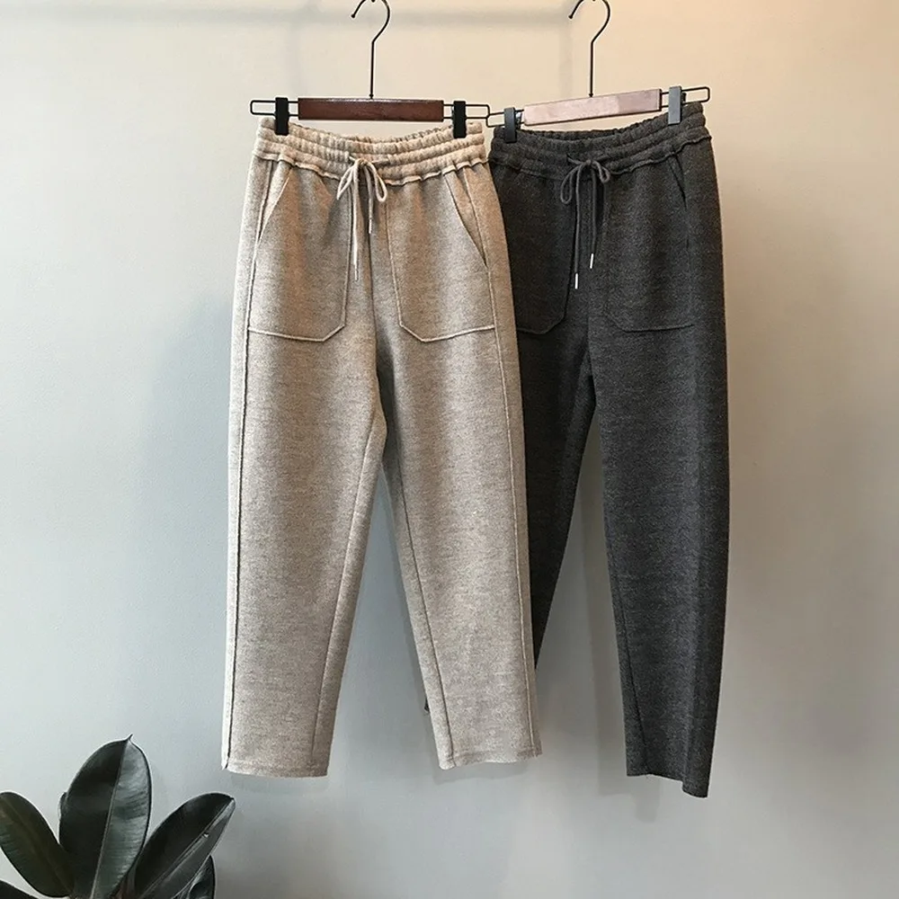 Трикотажные тканевые повседневные брюки женские новые утолщенные теплые прямые