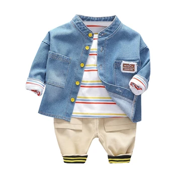 

New Autumn Baby Boy Clothes Striped Print Boy Denim Sets Top Pants Coat Cute Toddler Baby Children's Newborn Three-piece Suits
