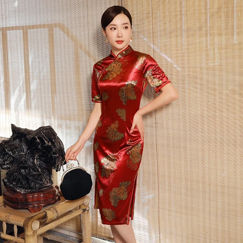 Сексуальное Платье До Колена Cheongsam, весеннее винтажное платье в китайском стиле, модное женское велюровое платье Qipao, тонкое вечернее платье на пуговицах, Vestido M-4XL