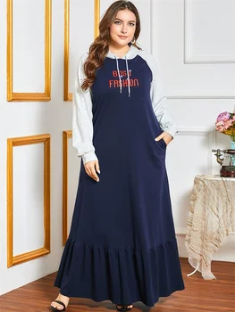 

Siskakia Hooded Sweatshirt Dress Long Winter 2020 Fashion Contrast Color Full Sleeve Letter Embroidered Modest Sporty Clothing