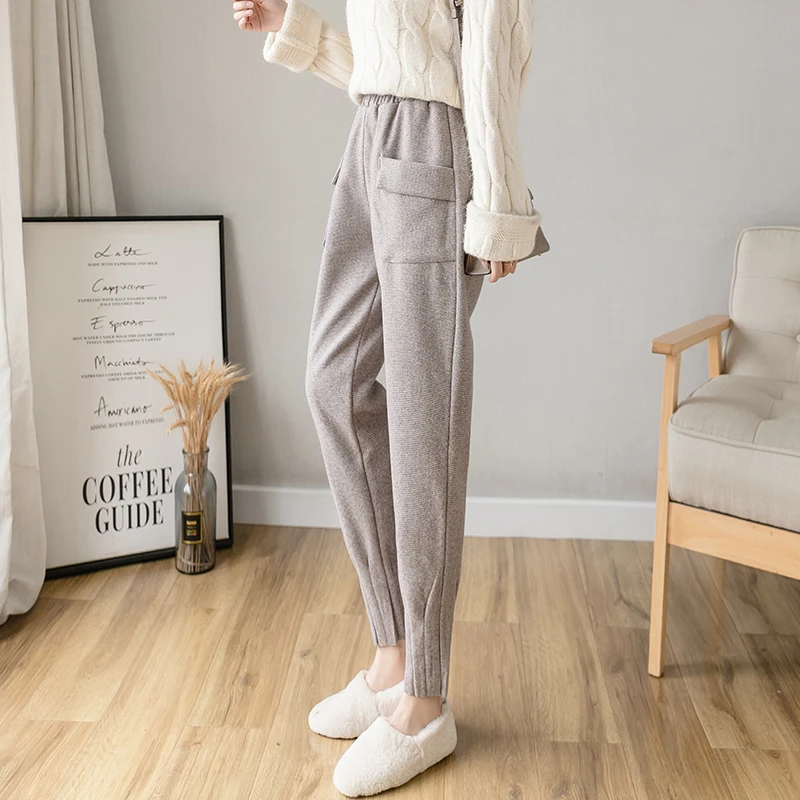 

Women's Woolen Pants 2020 Autumn Winter Elastic Waist Harem Pant Woman Solid Tie Feet Ankle-Length Pants Female Long Trousers