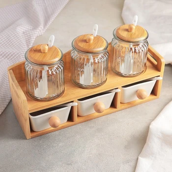 

Set of cans for bulk products "Estet", 6 PCs, 7,5×11/9,5×11,5×5 see, on a wooden stand