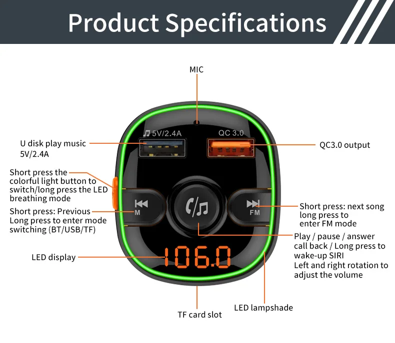 EANOP BC520 fm-передатчик Bluetooth Автомобильный громкой связи с голосовым ассистентом модулятор FM Поддержка TF карта QC3.0 USB зарядное устройство