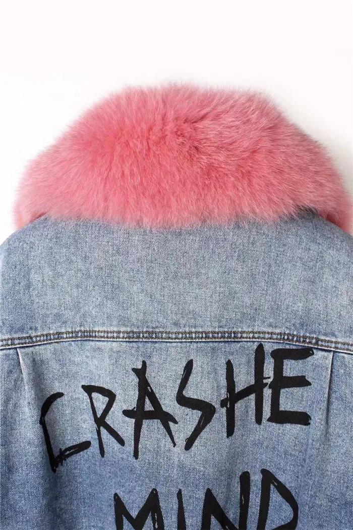 real fur coat Winter Jacket Women Coat Real fox Fur lined denim jacket Parka back letter print