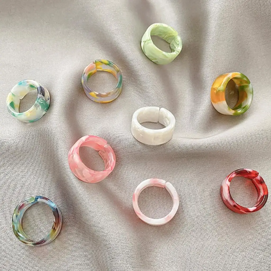 Ring Set Finger Ring Adjustable Rings 1 Set Colorful Transparent Acrylic Geometric Round Marble Pattern Ring Resin Acetate Board Rings For Women Girls Jewelry