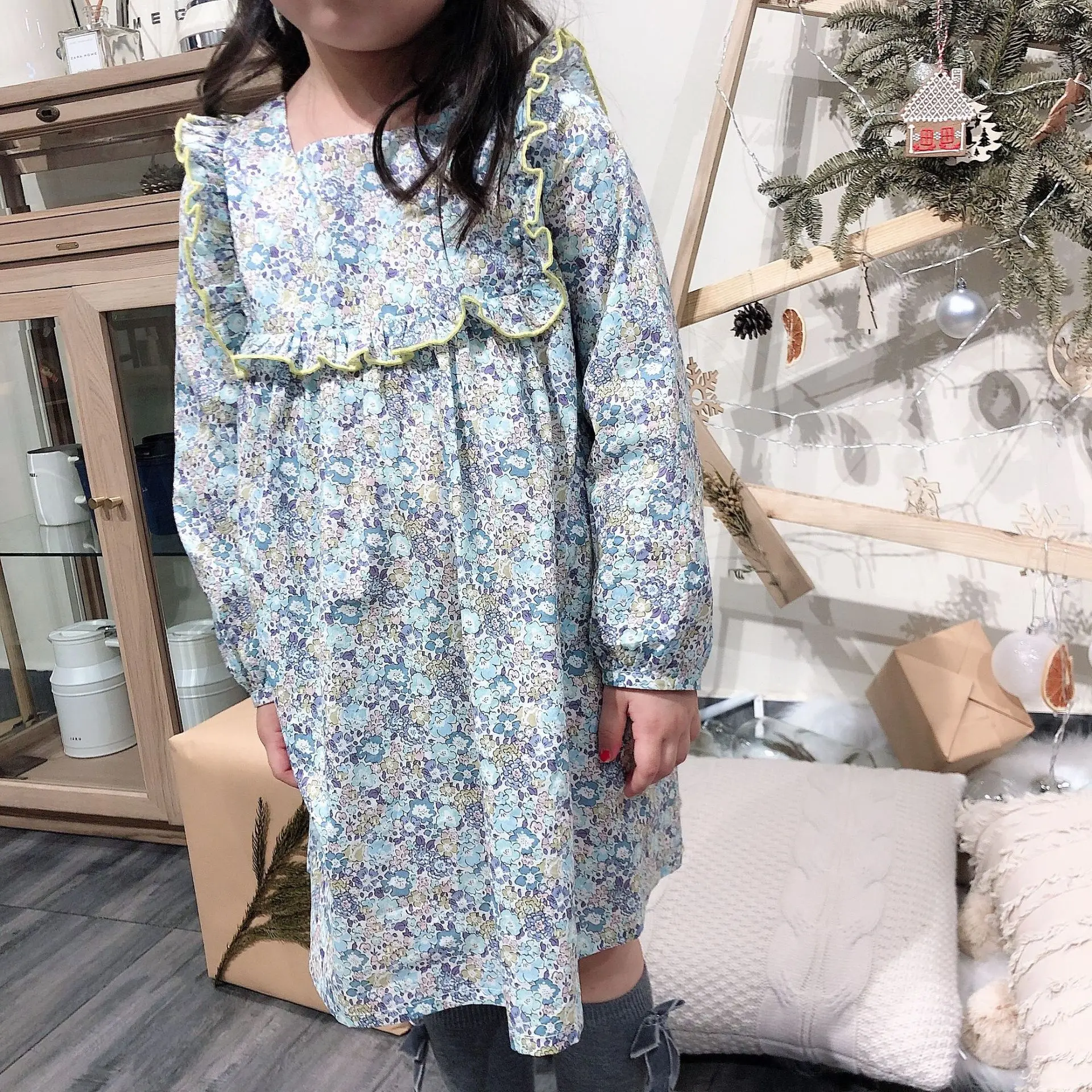 Y283 2020 Brand girl blue small floral dress cotton full print flower dress French style for Summer girl clothes