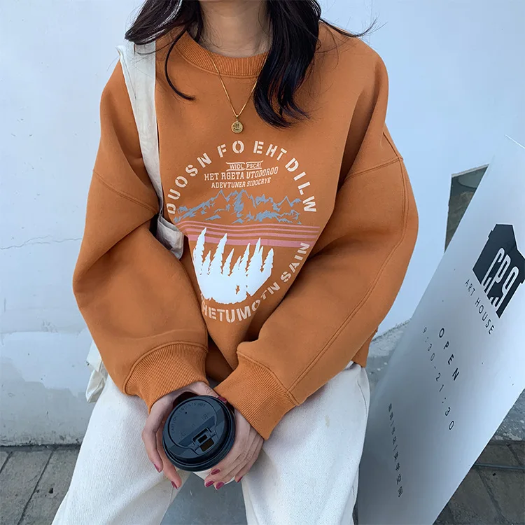 Orange Korean Hoodie Streetwear Womens Hoodies Pullover Print Casual O-Neck Loose New Sweatshirt Women Soft Warm