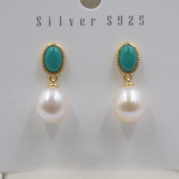 

New Arrival Sterling S925 Silver with Natural Freshwater Round Pearl Turquoise Dangle Drop Earrings 15x9mm Women Earrings