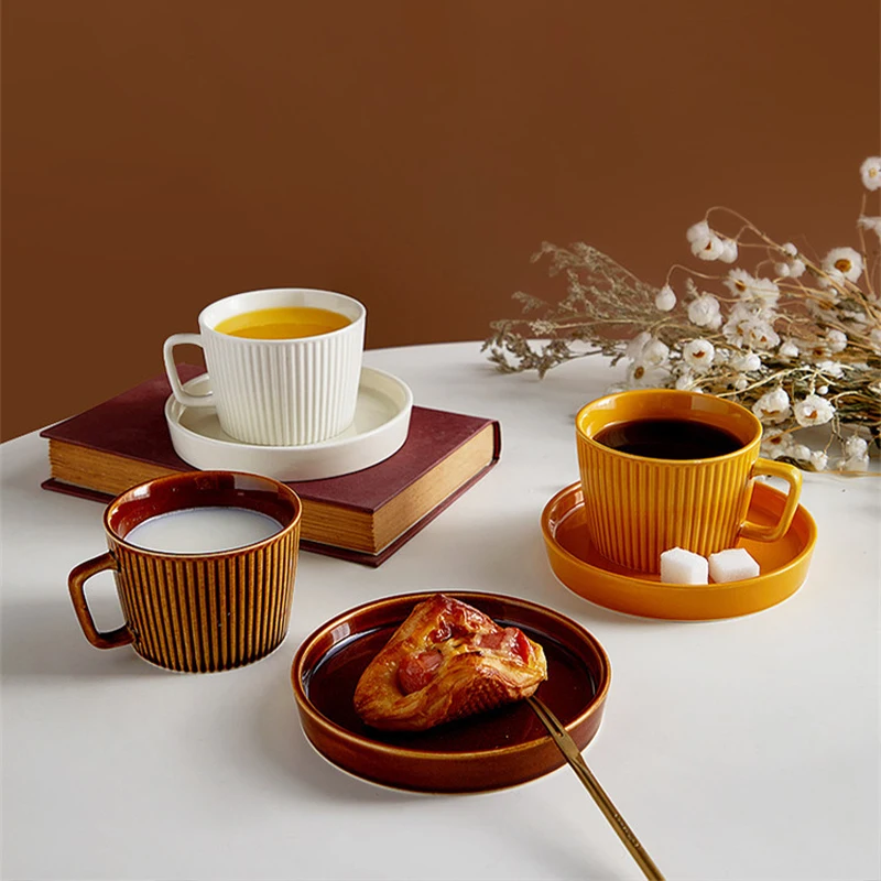 

Ceramic Water Cups Retro Vertical Stripes Coffee Mug Water Milk Flower Juice Exquisite And Saucer Set Breakfast Oatmeal Tea Cup