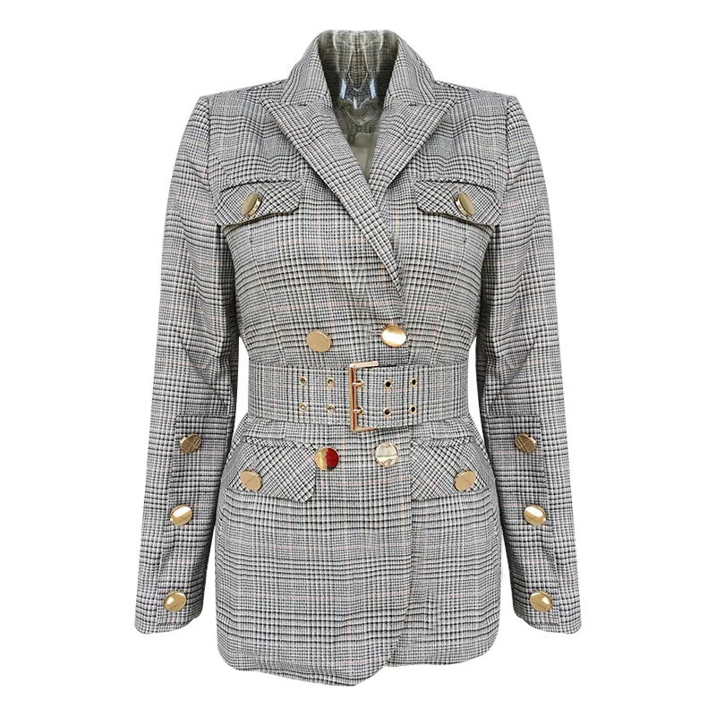 

Office Lady Style Pattern Tweed Suit Women's 19 Autumn Slim Fit Fold-down Collar Long Sleeve with Belt Waist Hugging Coat Tops