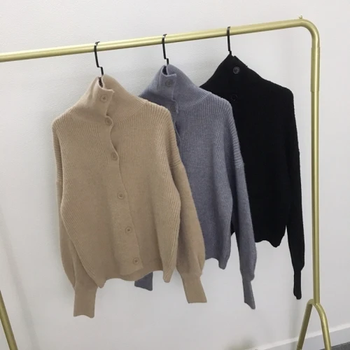 

FMFSSOM Spring Autumn TurtleNeck SingleBreasted Vingtage Knitted Warm Soft Women Female Lady Cardigan Sweater