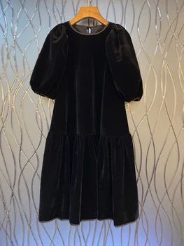 

2020 Early Autumn New Women's round Neck Solid Color Decorative Lotus Leaf Stitching Short Sleeve Velvet Dress 731