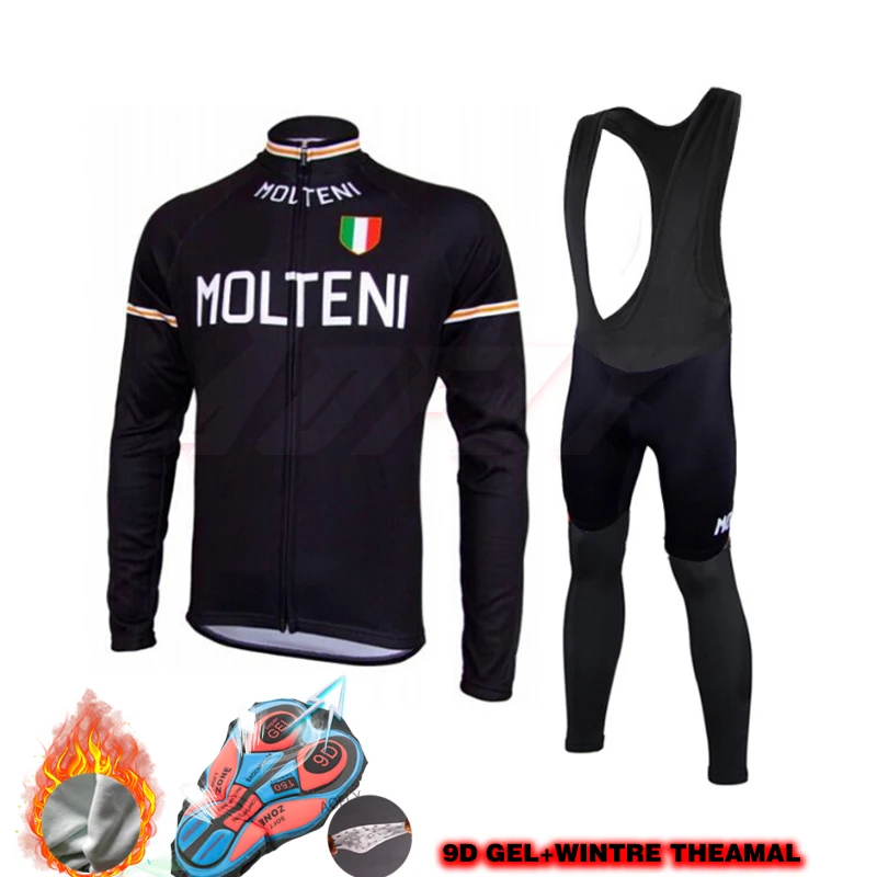 Черный и оранжевый зимний теплый флисовый веломайка MOLTENI, набор для велоспорта, fietskleding wielrennen, зимний комплект heren, брюки на лямках, Длинный топ
