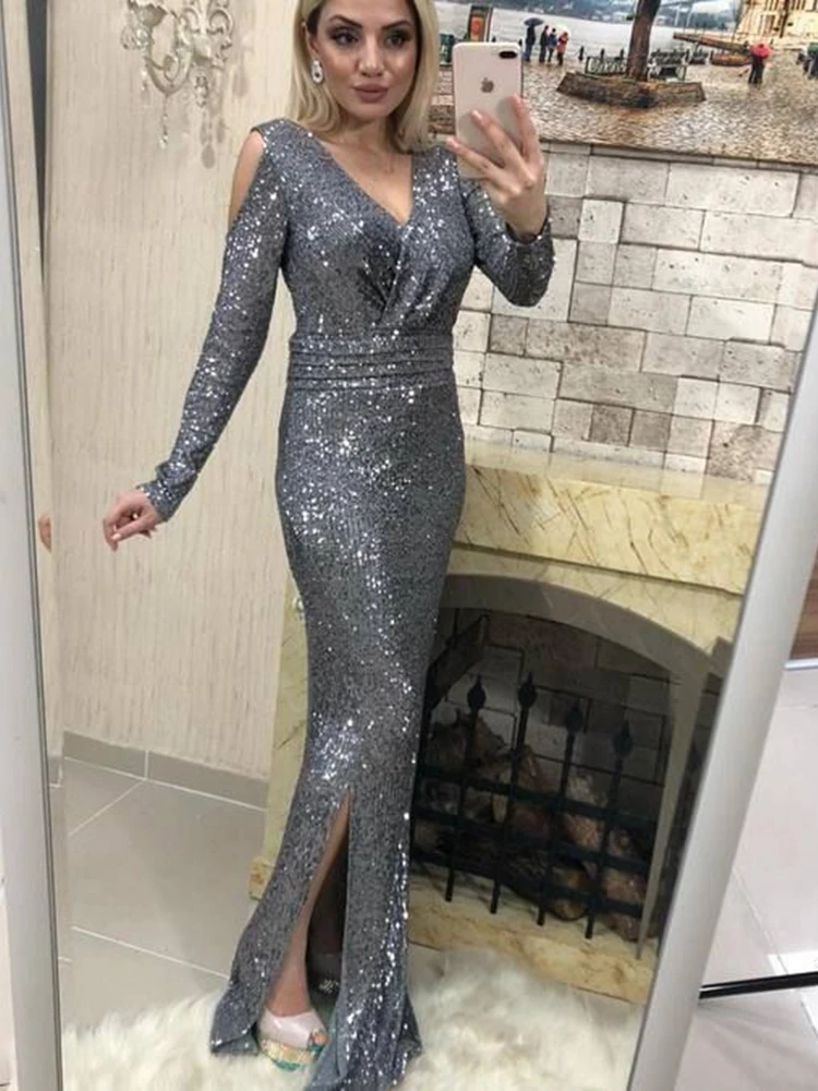 

Prom Dresses Mermaid Long Sequined Silver Sexy Split Long Sleeve Deep V Neckline Formal Evening Party Gowns For Women China