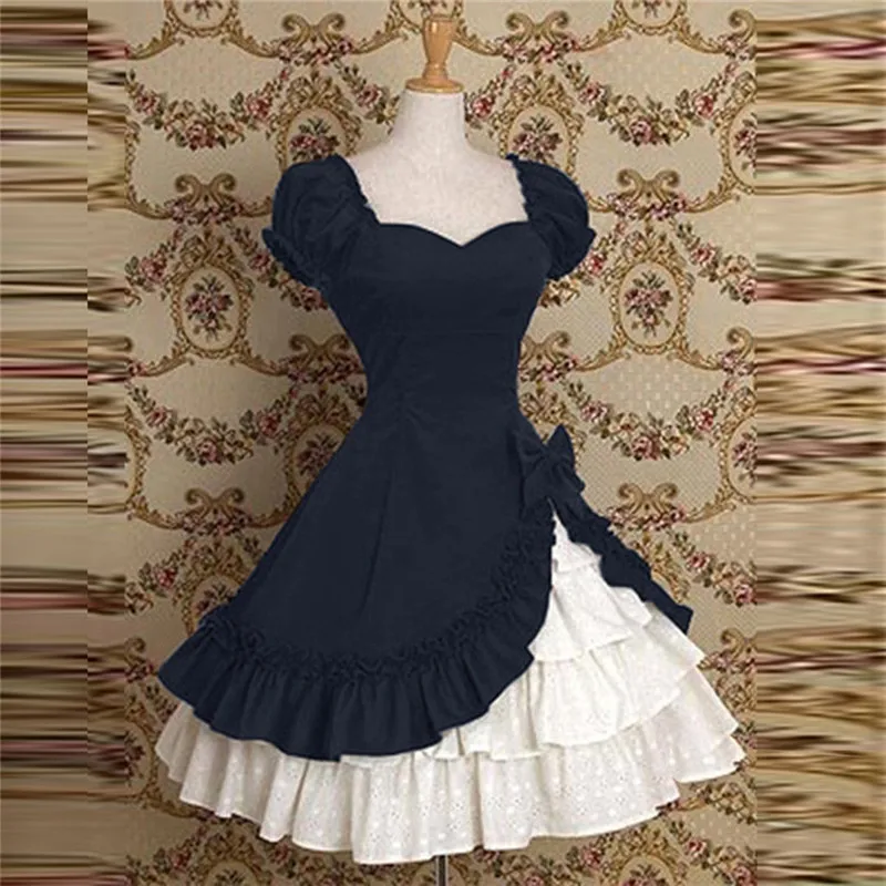 Новинка, женское винтажное платье в готическом стиле, с квадратными оборками, с коротким рукавом, с бантом, в стиле пэчворк, осенние платья, средневековые элегантные вечерние платья на зиму, N19 - Цвет: Dark Blue