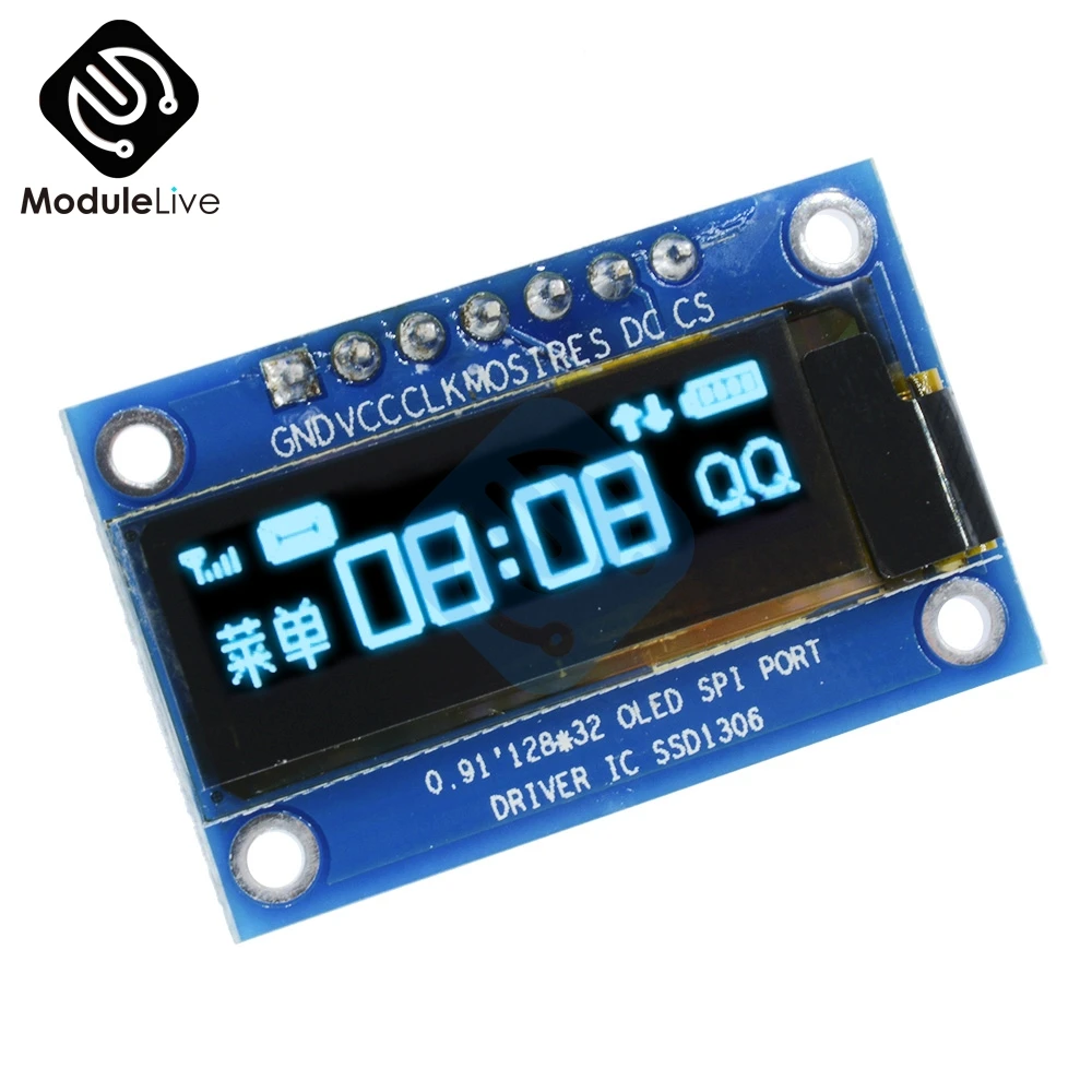 0.91 Inch 0.91'' SPI 128x32 12832 White/Blue Digital OLED LCD Display DIY Module SSD1306 Driver IC DC 3.3V-5V For Arduino PIC